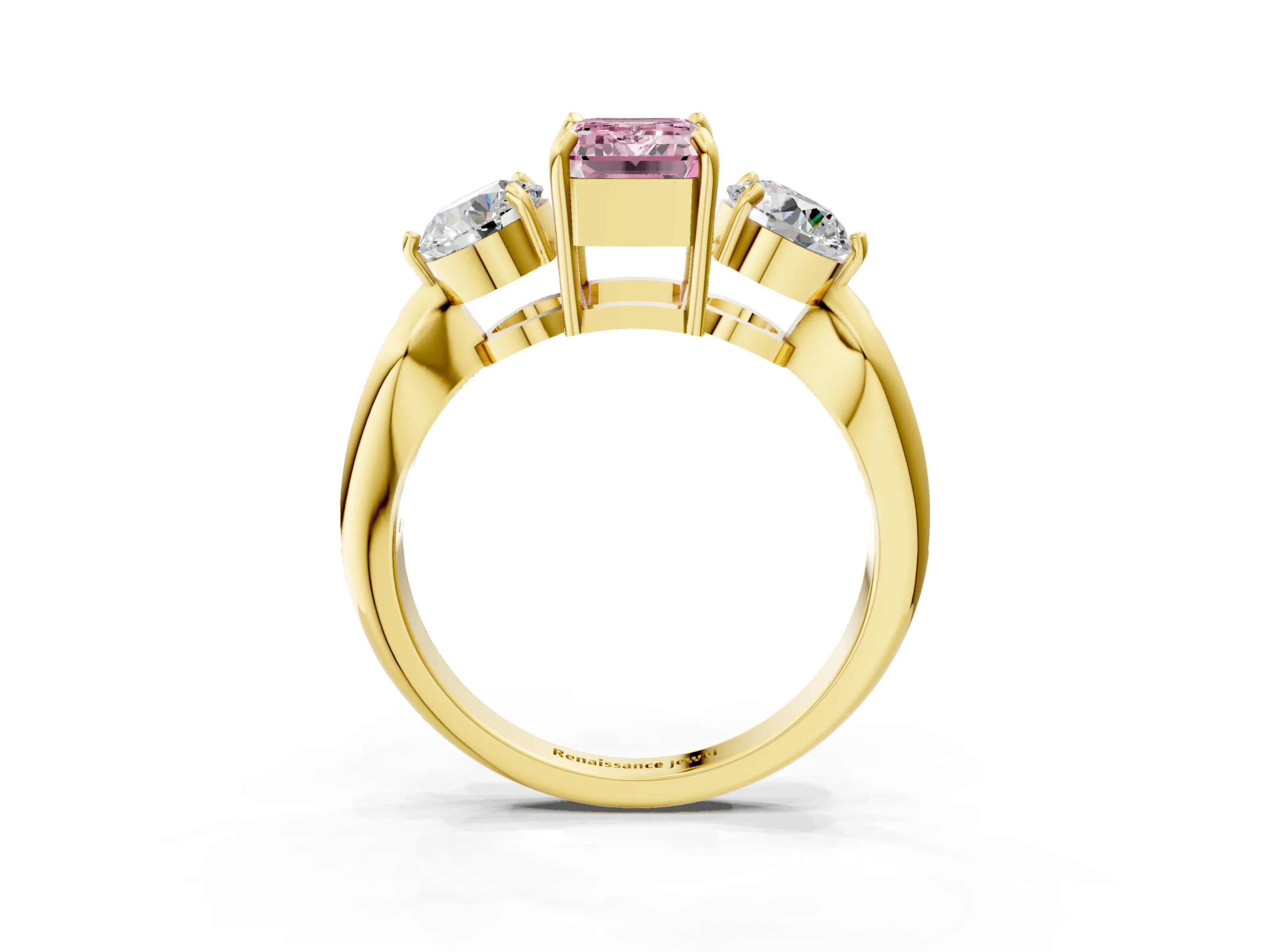 Yellow gold Three-Stone Fancy Pink Emerald Cut Diamond Channel Set Engagement Ring with Prong Setting_3