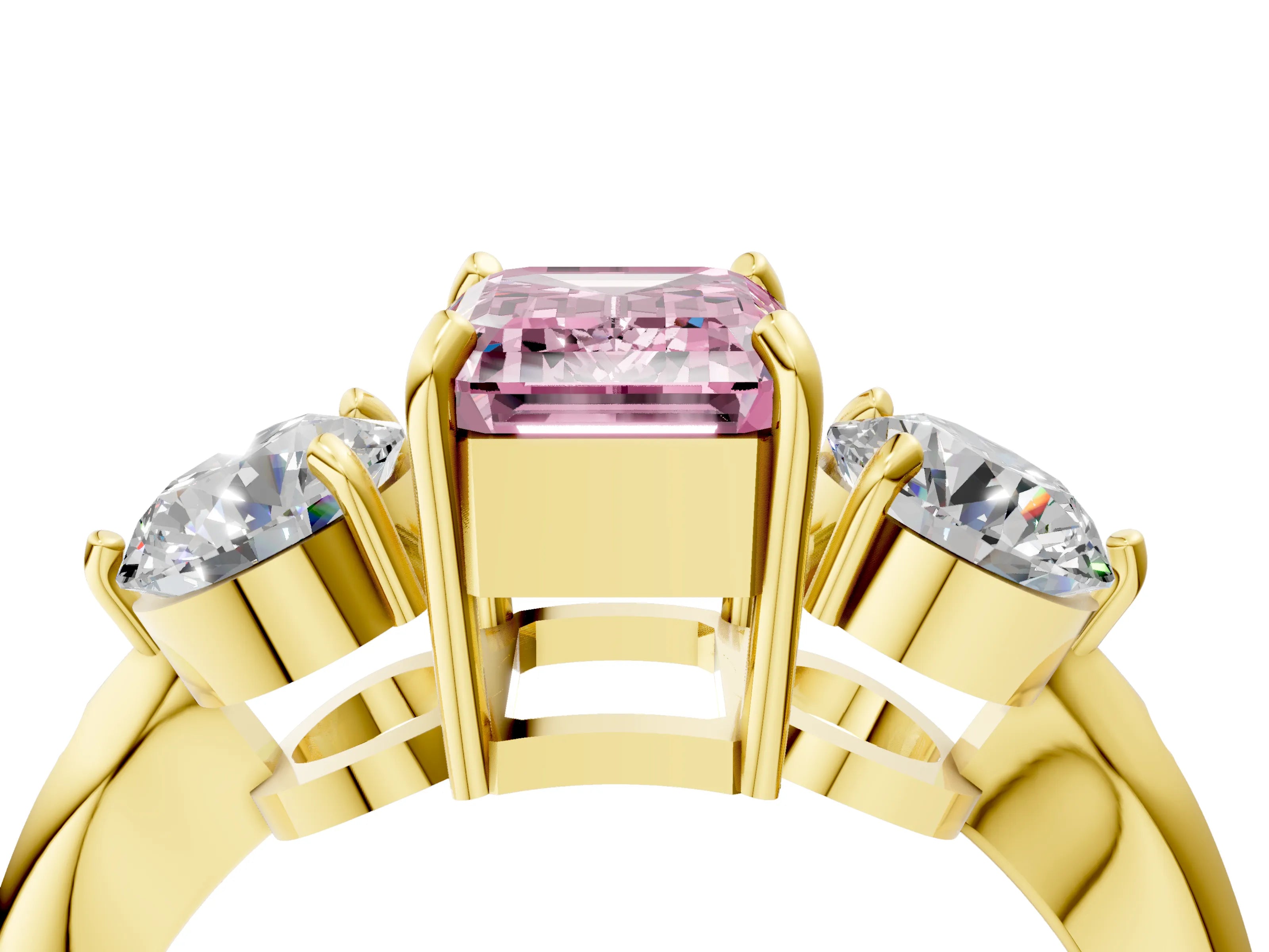 Yellow gold Three-Stone Fancy Pink Emerald Cut Diamond Channel Set Engagement Ring with Prong Setting_4