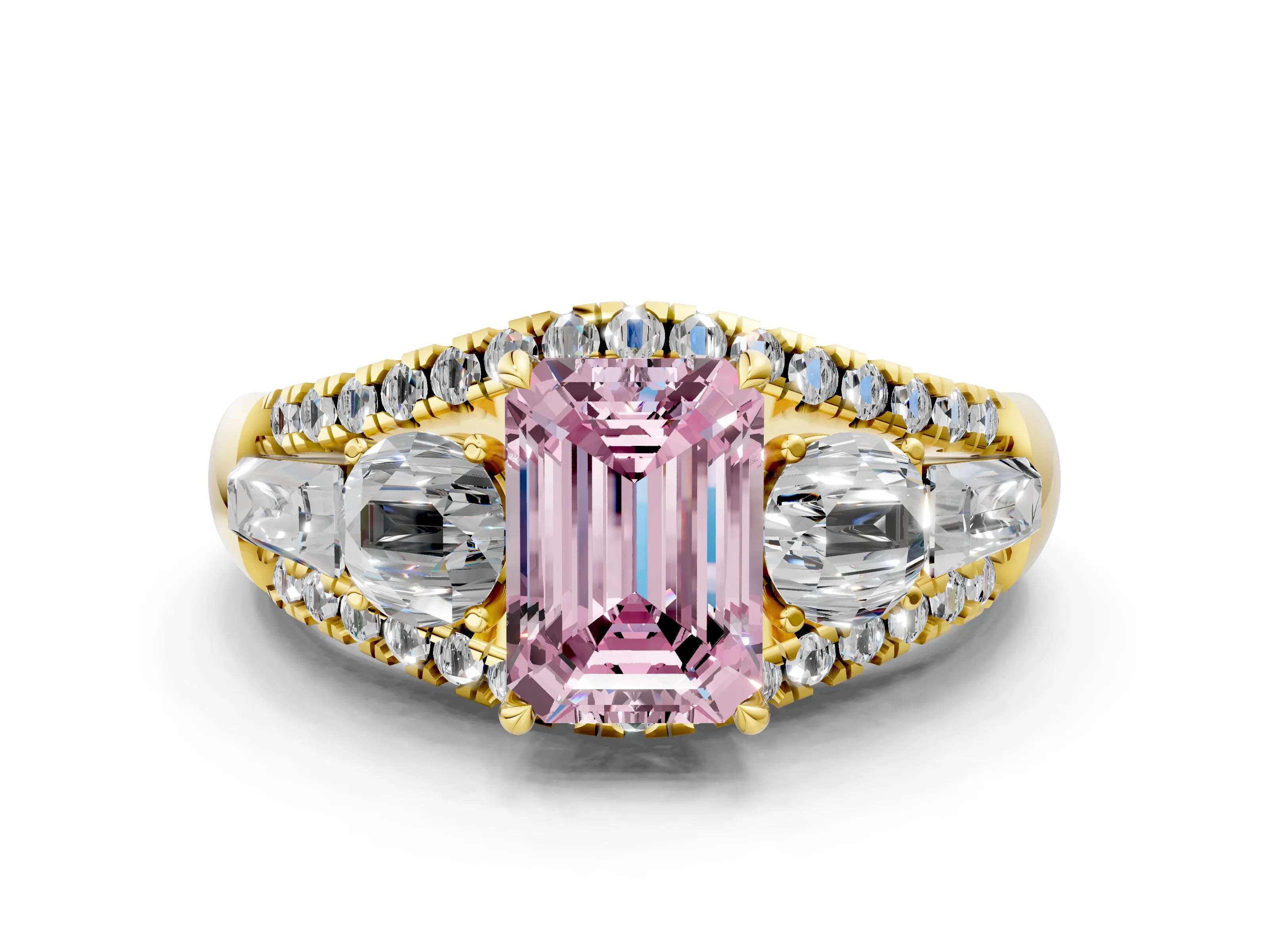 Yellow gold Three-Stone Fancy Pink Emerald Cut Diamond Engagement Ring with Pave Band and Prong Setting_12