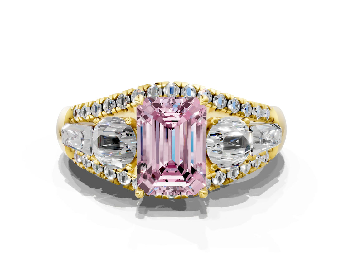 Yellow gold Three-Stone Fancy Pink Emerald Cut Diamond Engagement Ring with Pave Band and Prong Setting_12