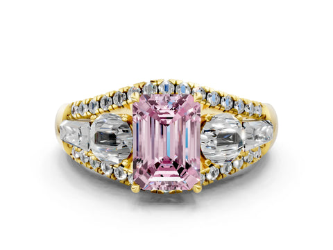 Yellow gold Three-Stone Fancy Pink Emerald Cut Diamond Engagement Ring with Pave Band and Prong Setting_12