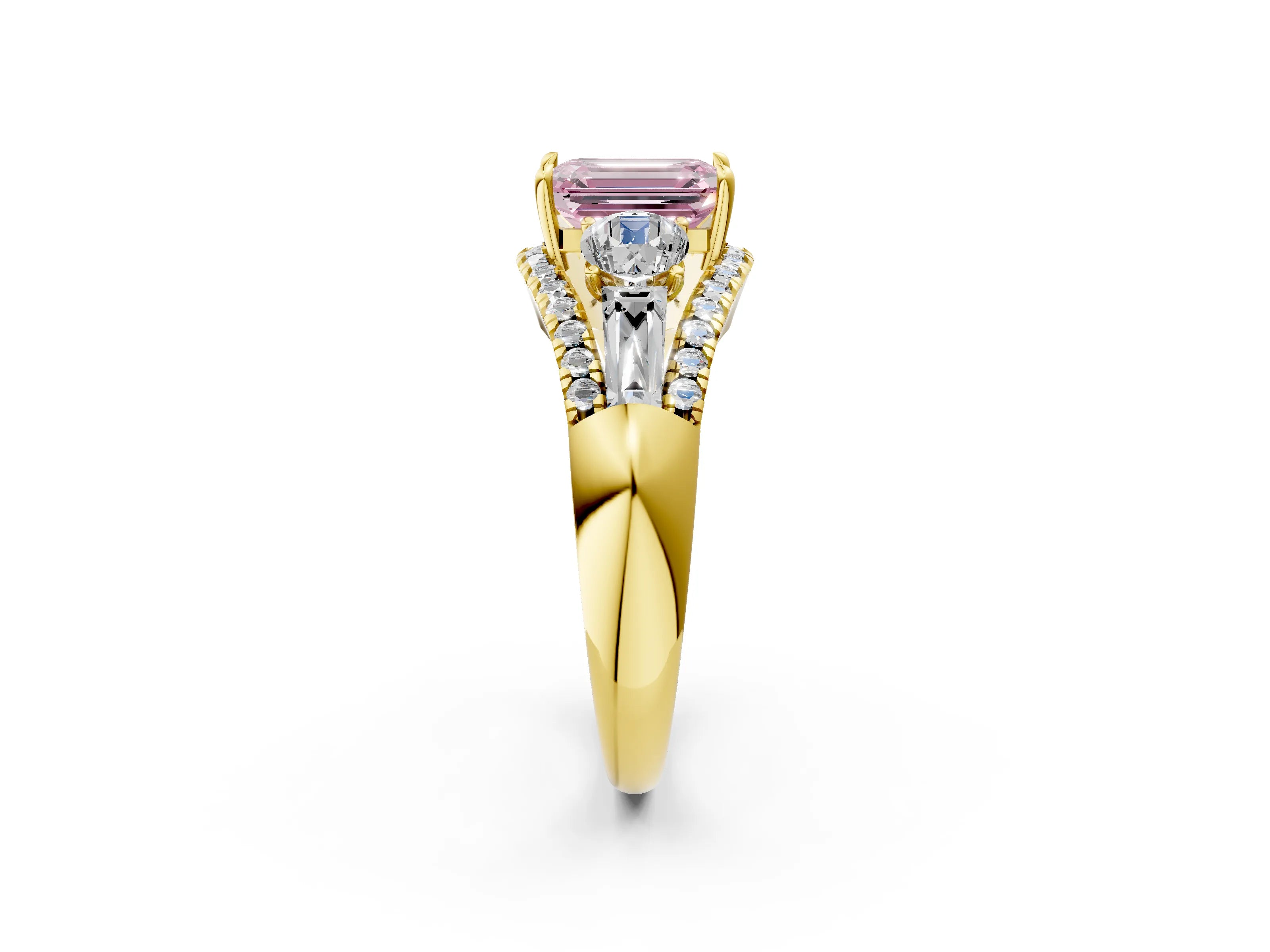 Yellow gold Three-Stone Fancy Pink Emerald Cut Diamond Engagement Ring with Pave Band and Prong Setting_14