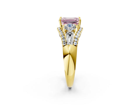 Yellow gold Three-Stone Fancy Pink Emerald Cut Diamond Engagement Ring with Pave Band and Prong Setting_14