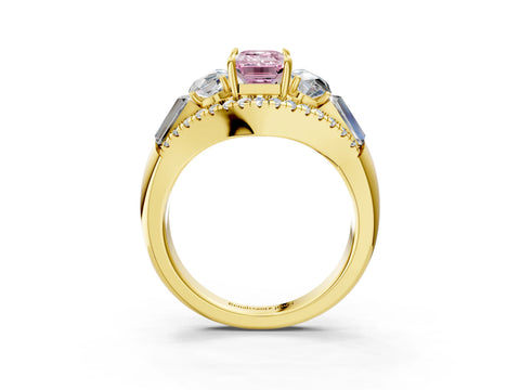 Yellow gold Three-Stone Fancy Pink Emerald Cut Diamond Engagement Ring with Pave Band and Prong Setting_15