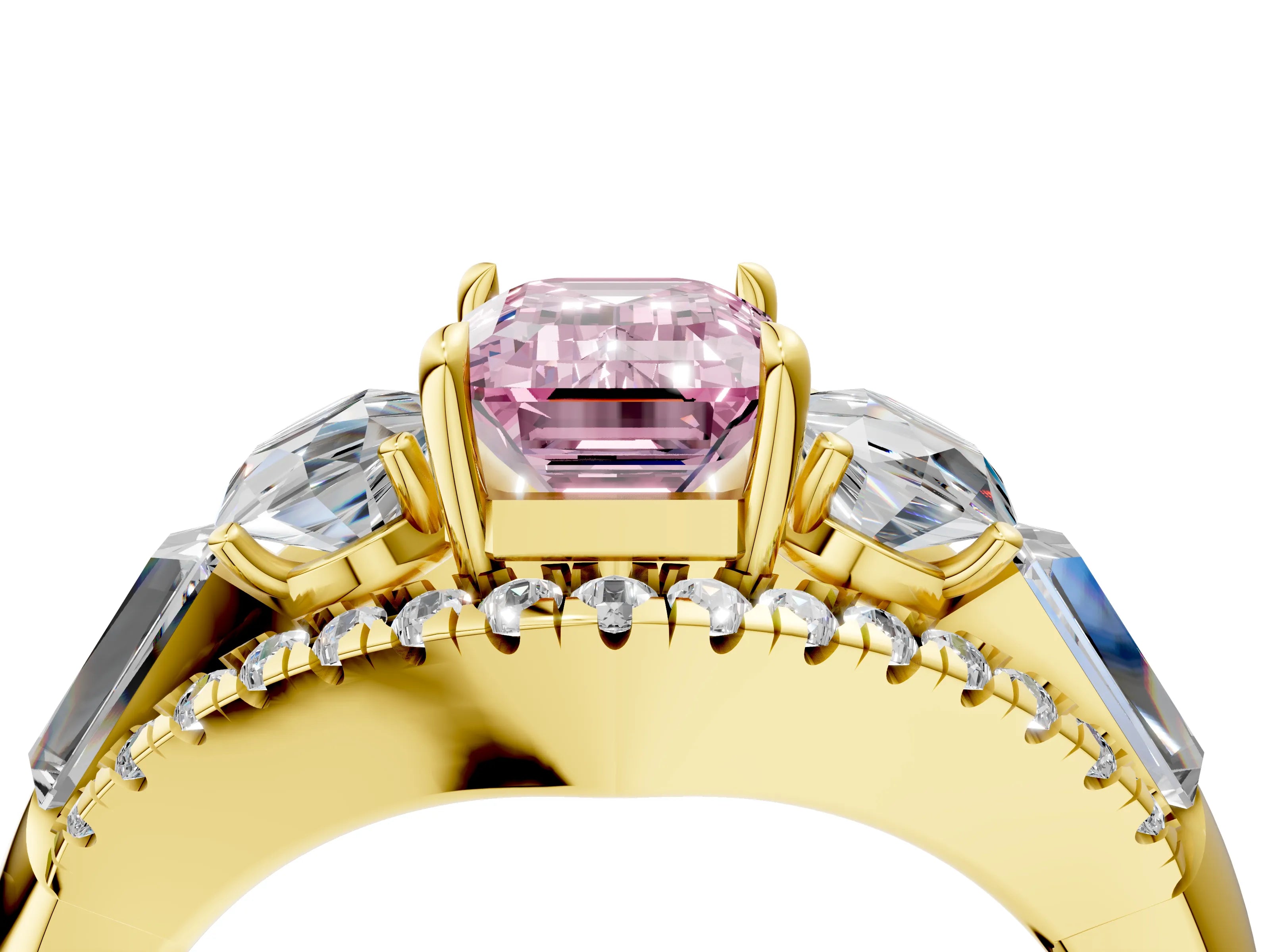 Yellow gold Three-Stone Fancy Pink Emerald Cut Diamond Engagement Ring with Pave Band and Prong Setting_16