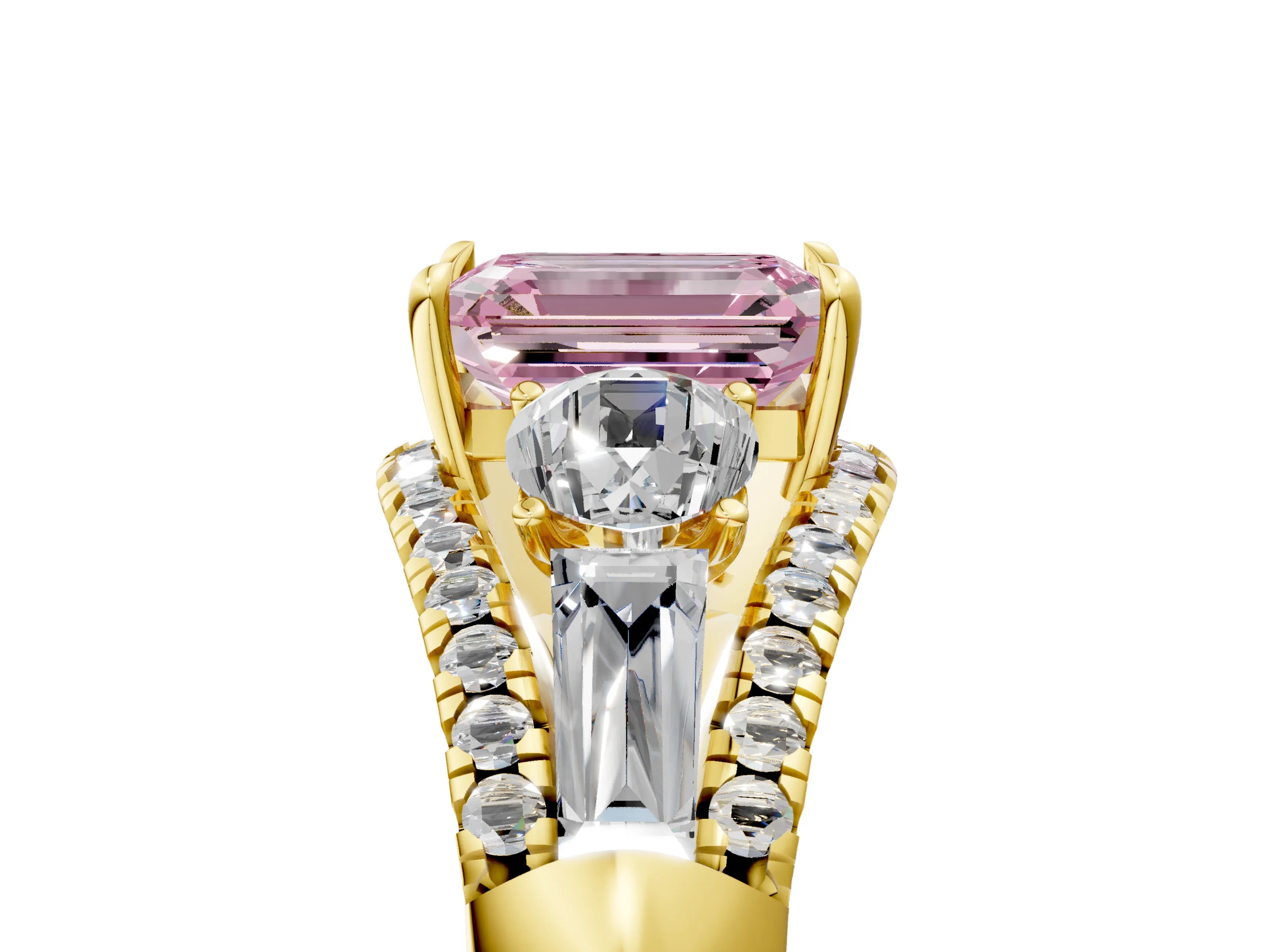 Yellow gold Three-Stone Fancy Pink Emerald Cut Diamond Engagement Ring with Pave Band and Prong Setting_17
