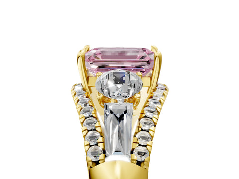 Yellow gold Three-Stone Fancy Pink Emerald Cut Diamond Engagement Ring with Pave Band and Prong Setting_17