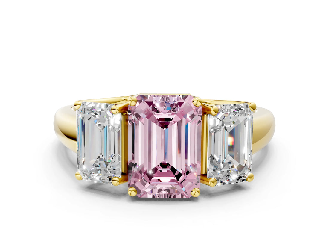 Yellow gold Three-Stone Fancy Pink Emerald Cut Diamond Engagement Ring with Prong Setting_3