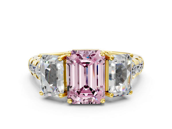 Yellow gold Three-Stone Fancy Pink Emerald Cut Diamond Pavé Band with Prong Setting