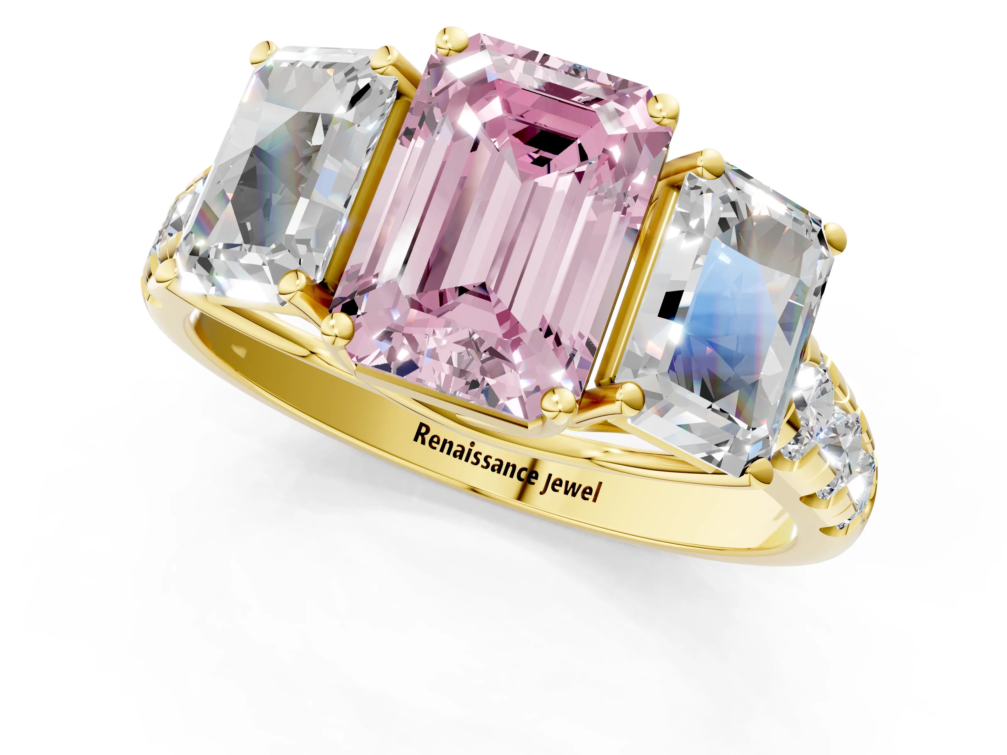 Yellow gold Three-Stone Fancy Pink Emerald Cut Diamond Pavé Band with Prong Setting_1