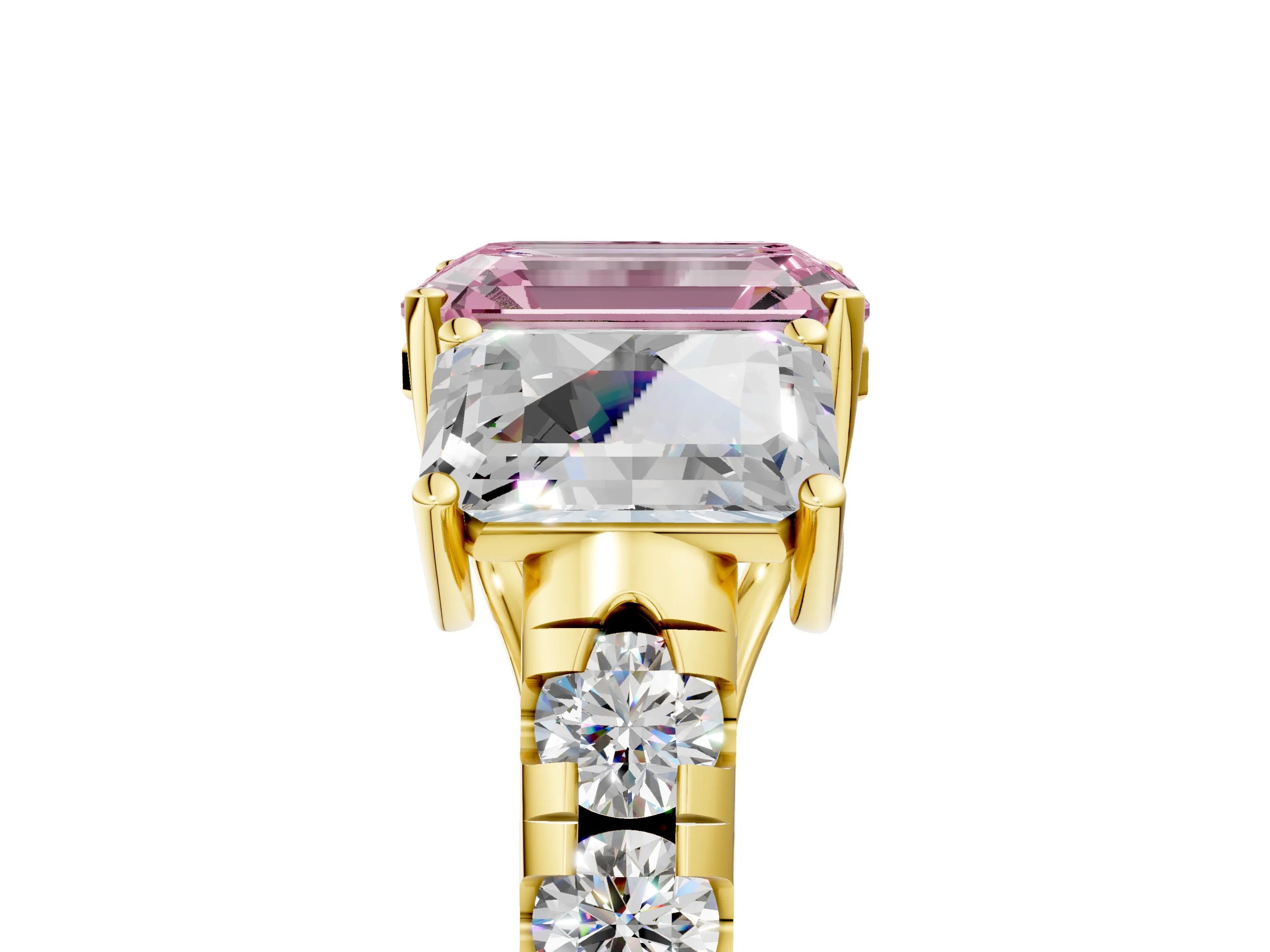 Yellow gold Three-Stone Fancy Pink Emerald Cut Diamond Pavé Band with Prong Setting_5