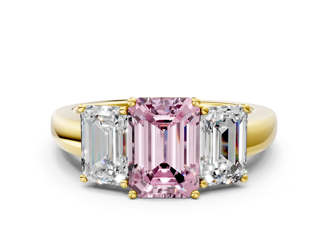 Yellow gold Three-Stone Fancy Pink Emerald  Cut Diamond Ring with Channel-Set Band and Four-Prong Setting_47