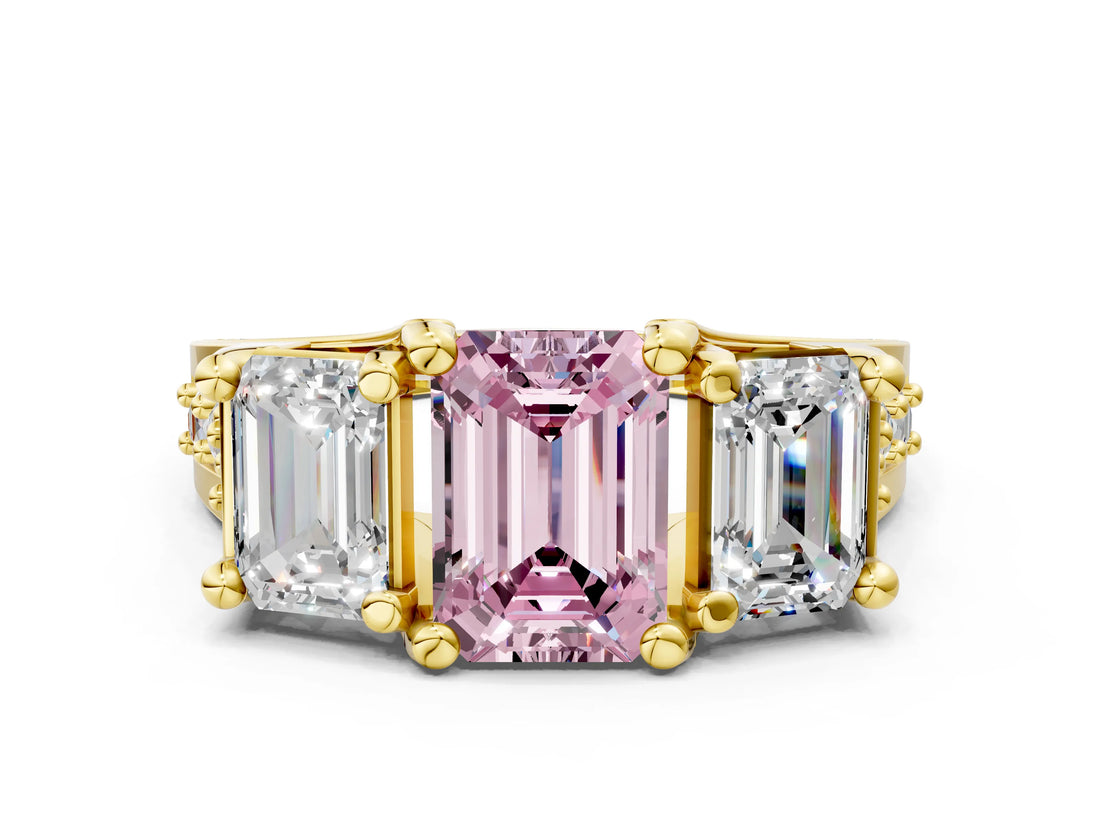 Yellow gold Three-Stone Fancy Pink Emerald  Cut Diamond Ring with Channel-Set Band and Four-Prong Setting_51