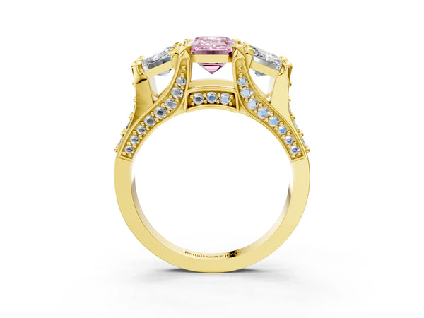 Yellow gold Fancy Pink Emerald Cut Diamond Three-Stone Ring with Channel Set Band and Four-Prong Setting
