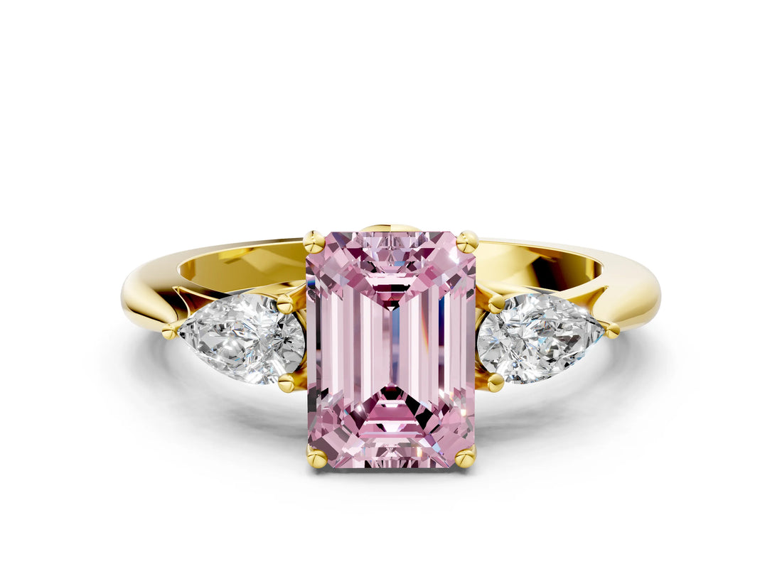 Yellow gold Three-Stone Fancy Pink Emerald Cut Diamond Ring with Pear  Side Stones in Four-Prong Setting_48