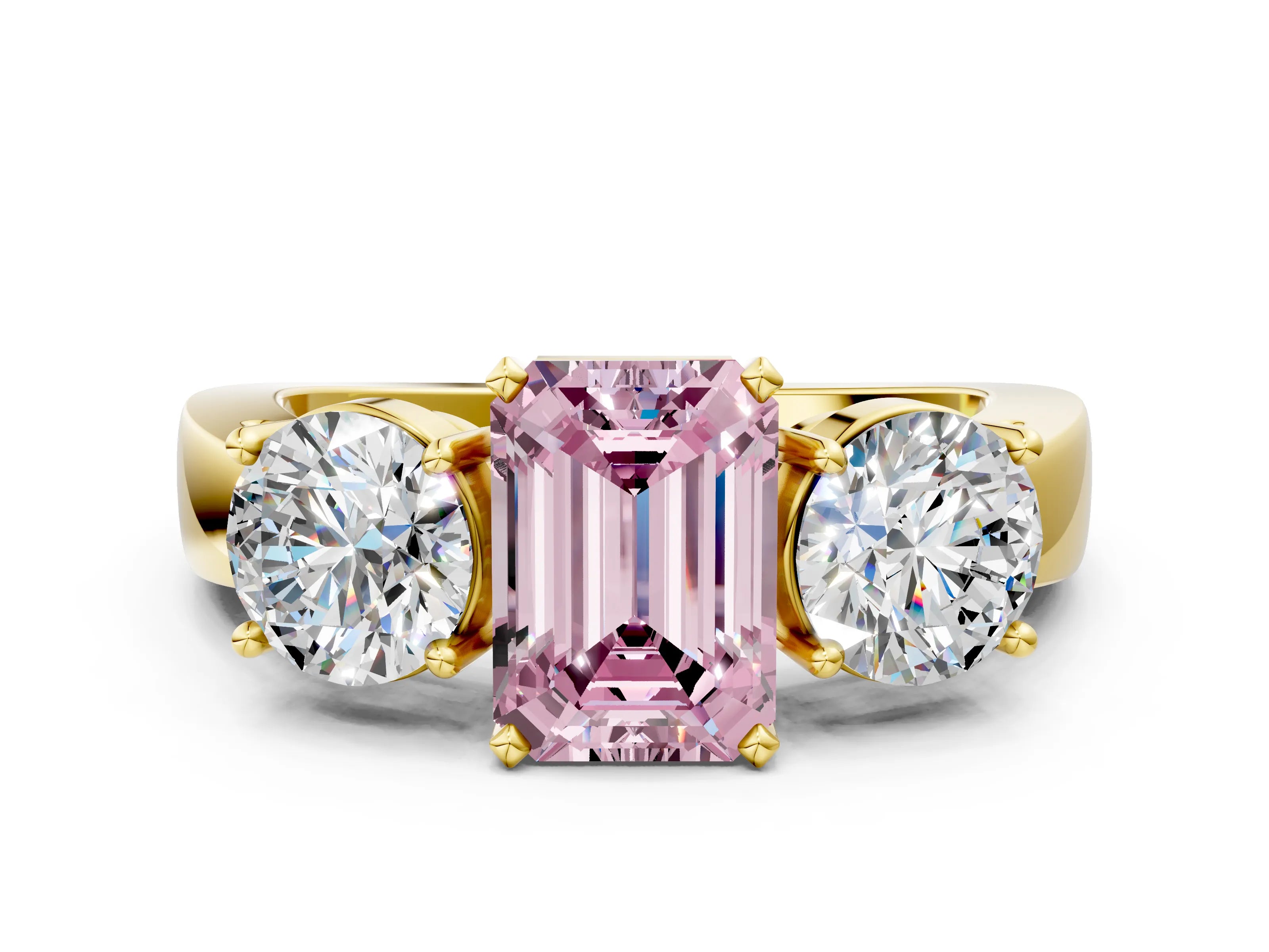 Yellow gold Three-Stone Fancy Pink Emerald Cut Diamond Ring with Round Side Stones, Classic Band, and Four-Prong Setting