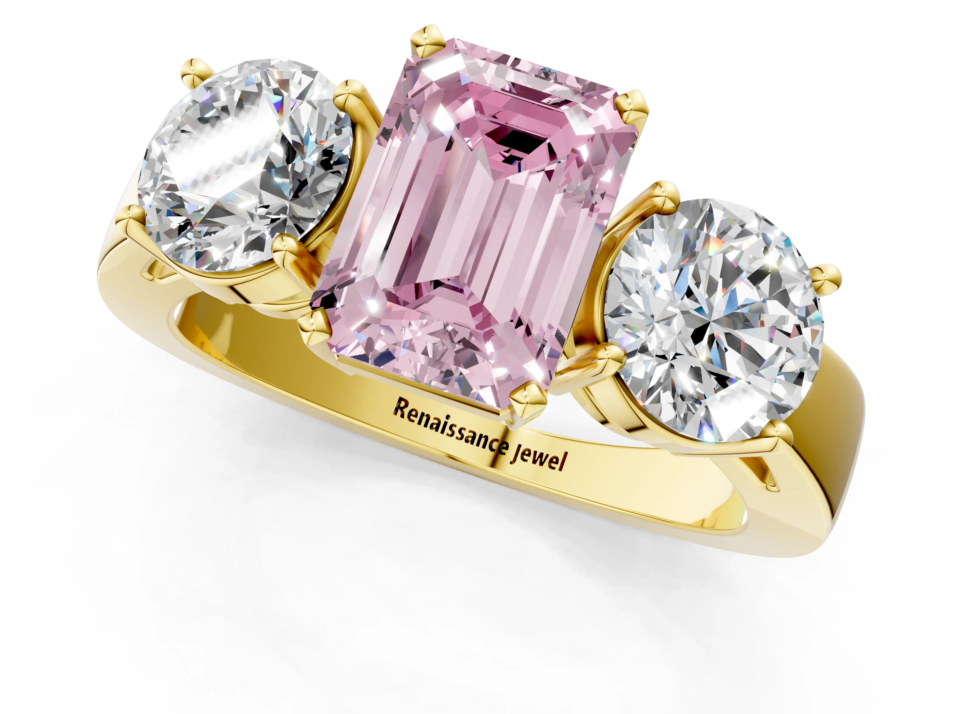 Yellow gold Three-Stone Fancy Pink Emerald Cut Diamond Ring with Round Side Stones, Classic Band, and Four-Prong Setting_1