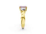 Yellow gold Three-Stone Fancy Pink Emerald Cut Diamond Ring with Round Side Stones, Classic Band, and Four-Prong Setting_2