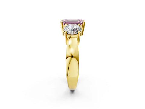 Yellow gold Three-Stone Fancy Pink Emerald Cut Diamond Ring with Round Side Stones, Classic Band, and Four-Prong Setting_2