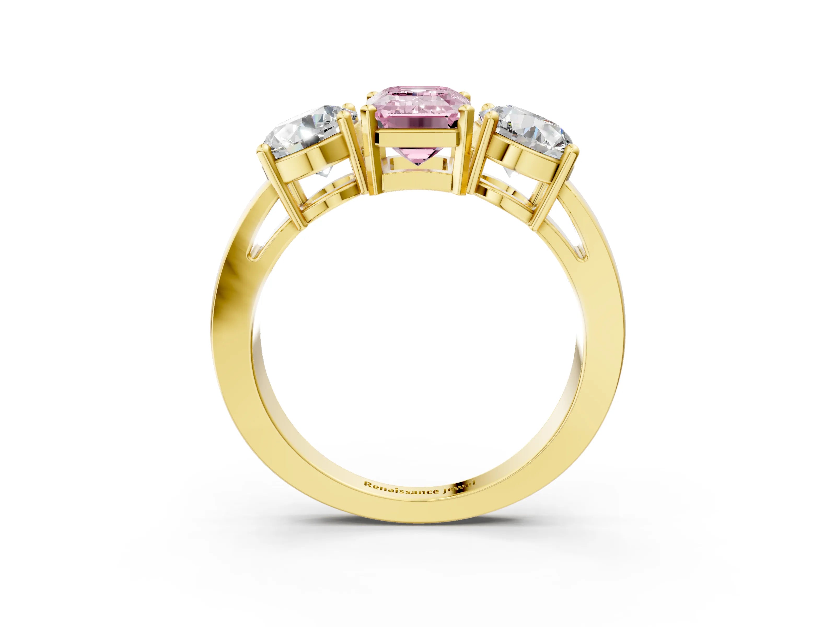 Yellow gold Three-Stone Fancy Pink Emerald Cut Diamond Ring with Round Side Stones, Classic Band, and Four-Prong Setting_3