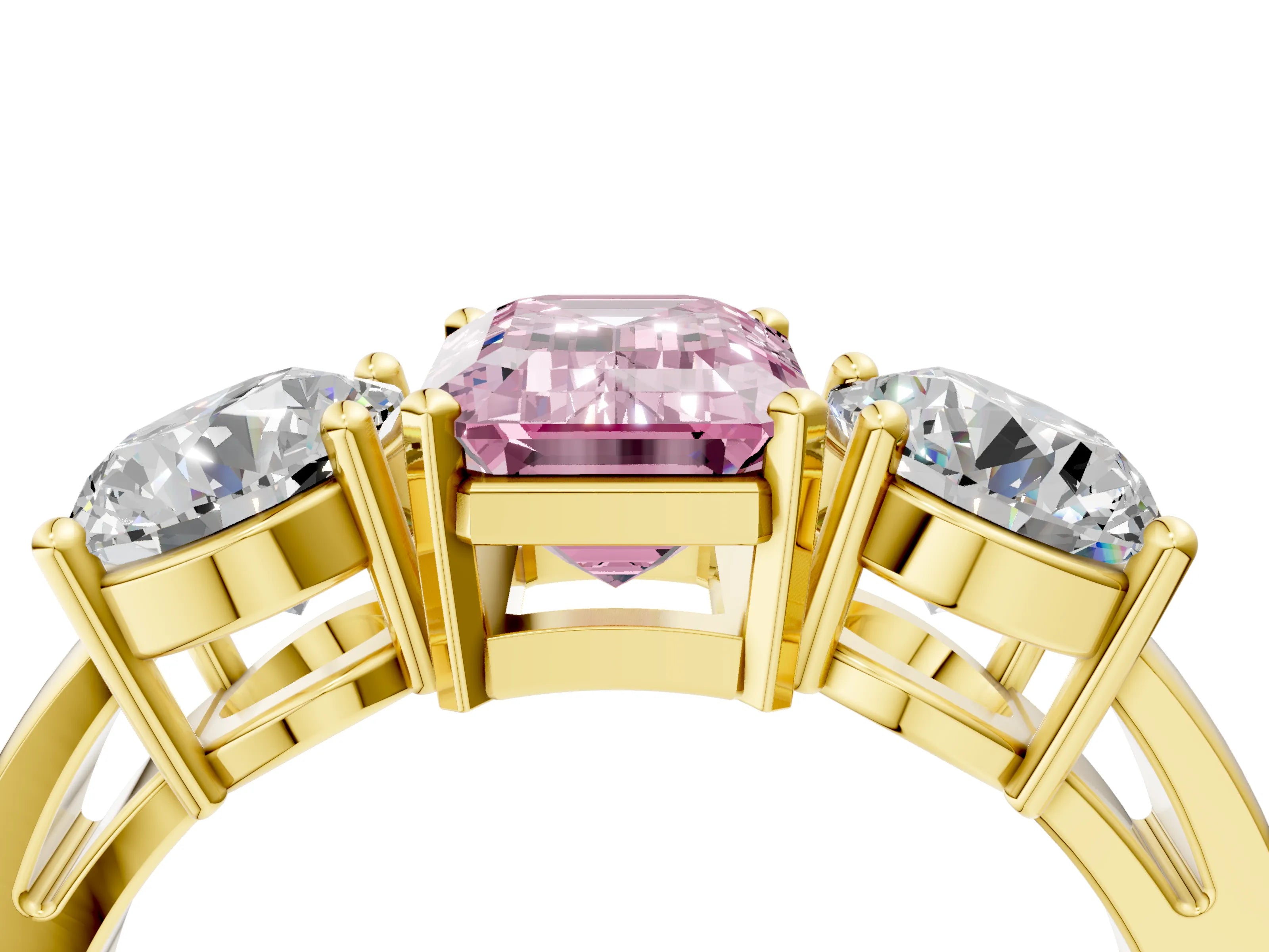 Yellow gold Three-Stone Fancy Pink Emerald Cut Diamond Ring with Round Side Stones, Classic Band, and Four-Prong Setting_4