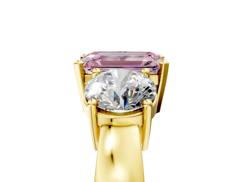 Yellow gold Three-Stone Fancy Pink Emerald Cut Diamond Ring with Round Side Stones, Classic Band, and Four-Prong Setting_5