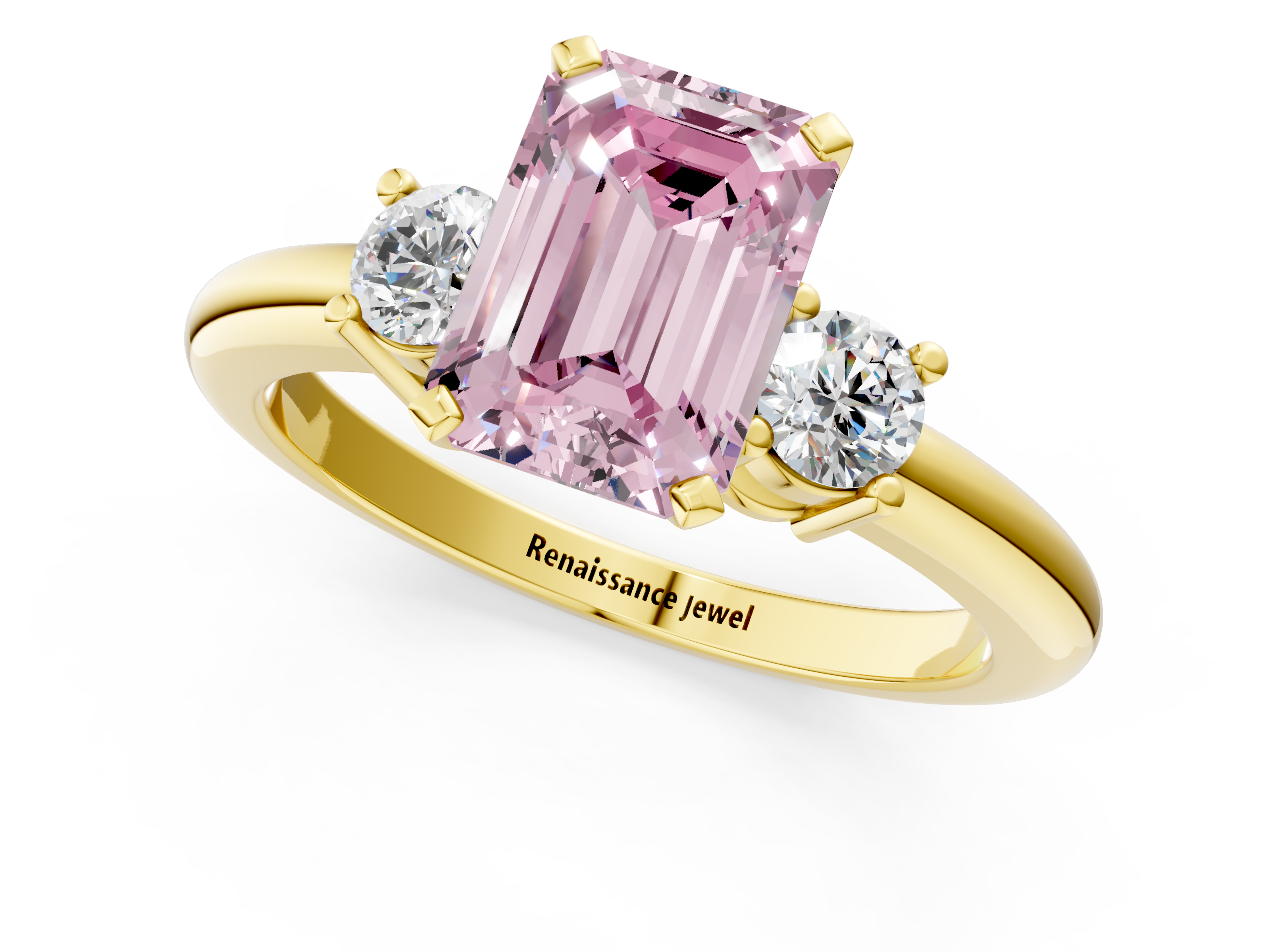 Yellow gold Three-Stone Fancy Pink Emerald  Cut Diamond Solitaire with Prong Setting and Classic Band_43