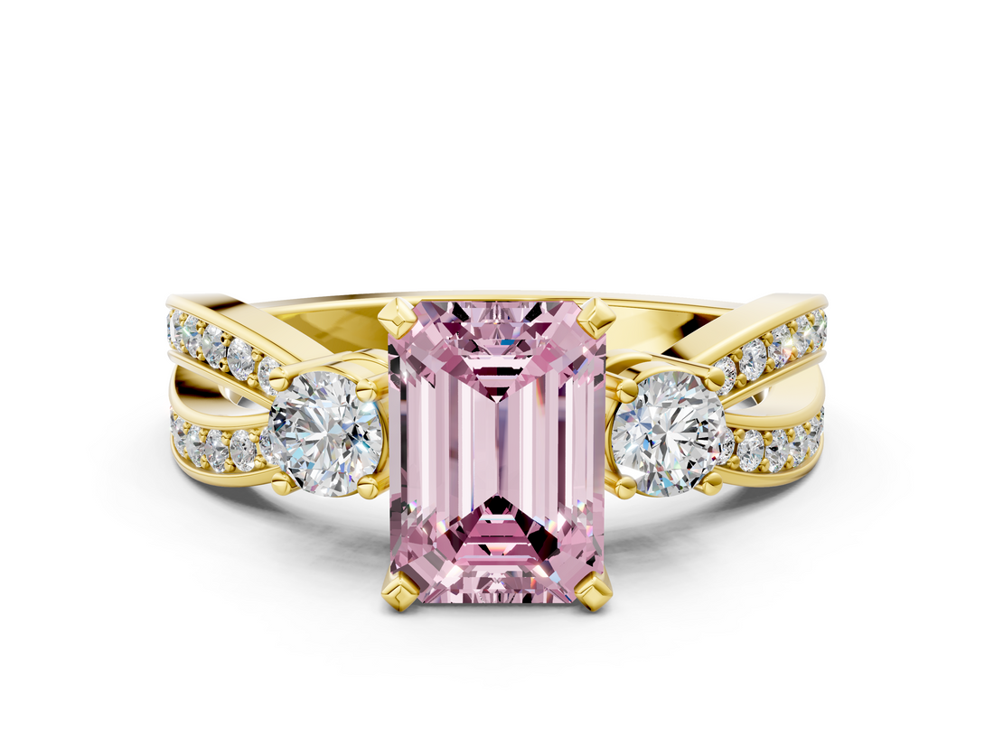 Yellow gold Three-Stone Fancy Pink Emerald  Cut Diamond Twist Band with Prong Setting_39