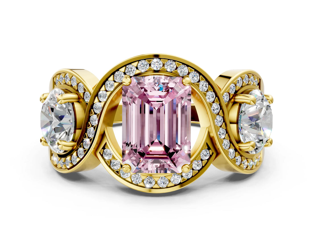 Yellow gold Three-Stone Fancy Pink Emerald Cut Diamond Wave Pave Band with Prong Setting