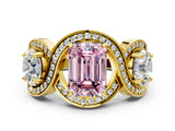Yellow gold Three-Stone Fancy Pink Emerald Cut Diamond Wave Pave Band with Prong Setting