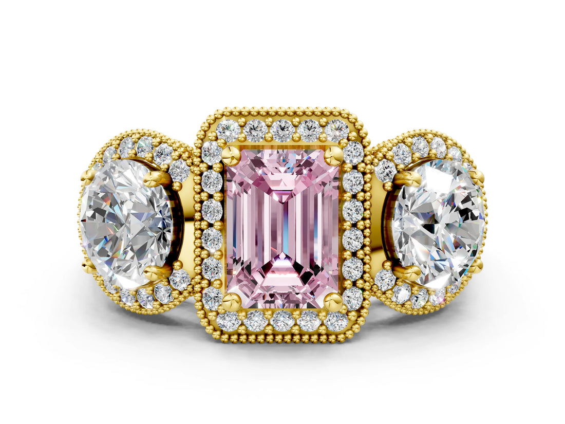 Yellow gold Three-Stone Fancy Pink Emerald Cut Halo Diamond Milgrain Band with Four-Prong Setting