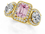 Yellow gold Three-Stone Fancy Pink Emerald Cut Halo Diamond Milgrain Band with Four-Prong Setting_1