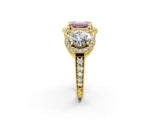 Yellow gold Three-Stone Fancy Pink Emerald Cut Halo Diamond Milgrain Band with Four-Prong Setting_2