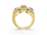Yellow gold Three-Stone Fancy Pink Emerald Cut Halo Diamond Milgrain Band with Four-Prong Setting_3