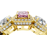 Yellow gold Three-Stone Fancy Pink Emerald Cut Halo Diamond Milgrain Band with Four-Prong Setting_4