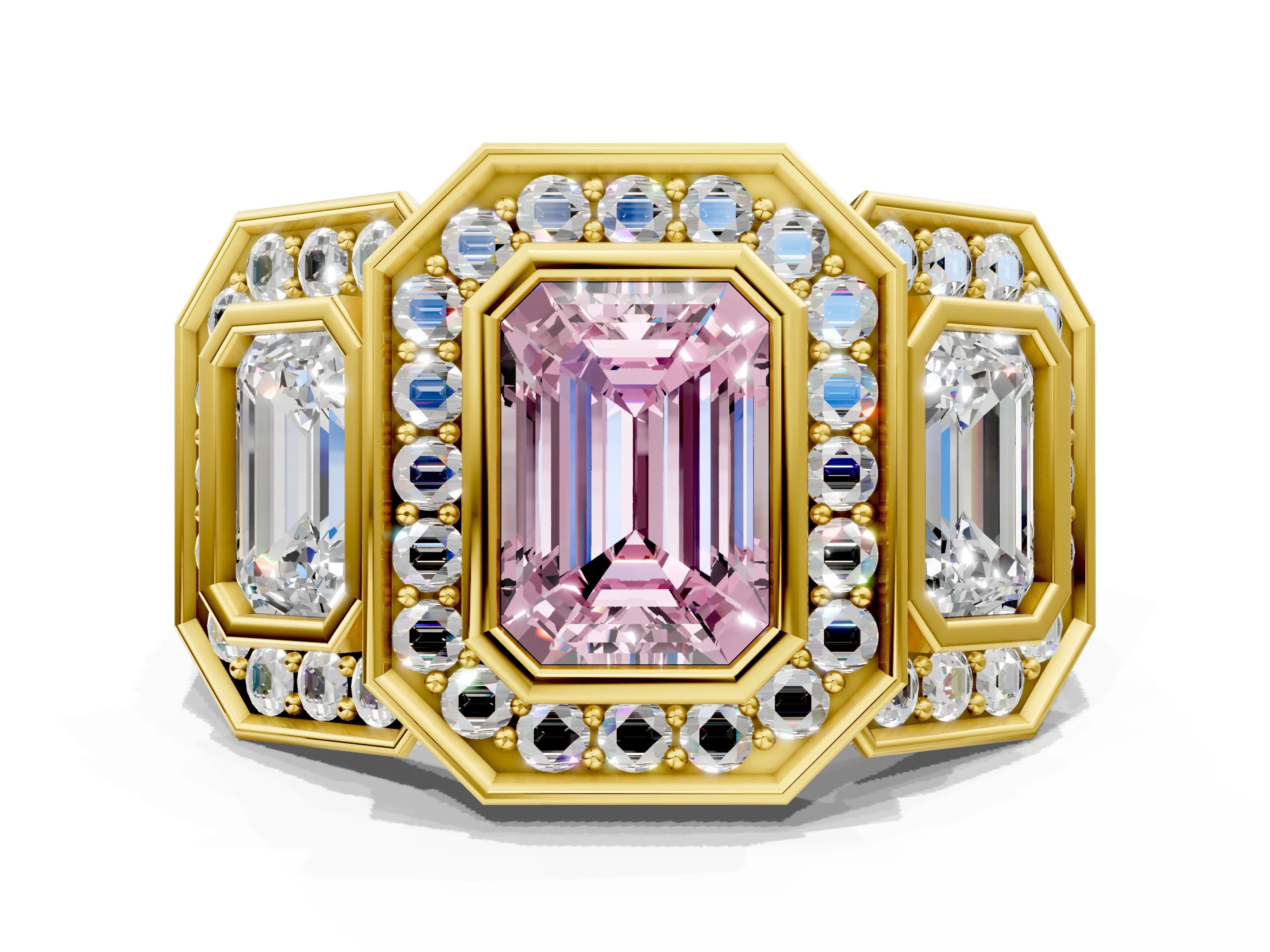 Yellow gold Three-Stone Fancy Pink Emerald Cut Halo Pavé Diamond Ring