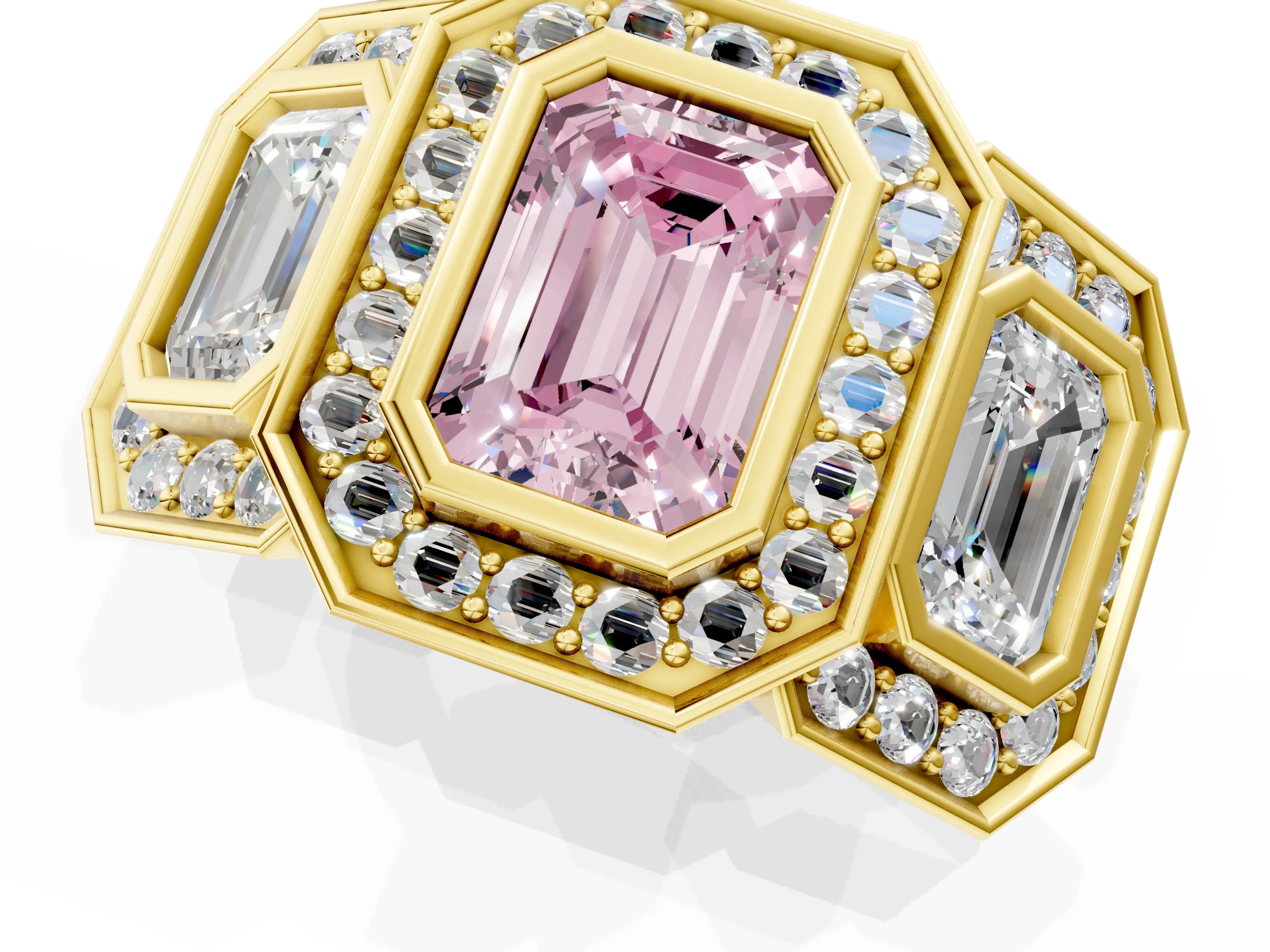 Yellow gold Three-Stone Fancy Pink Emerald Cut Halo Pavé Diamond Ring_1