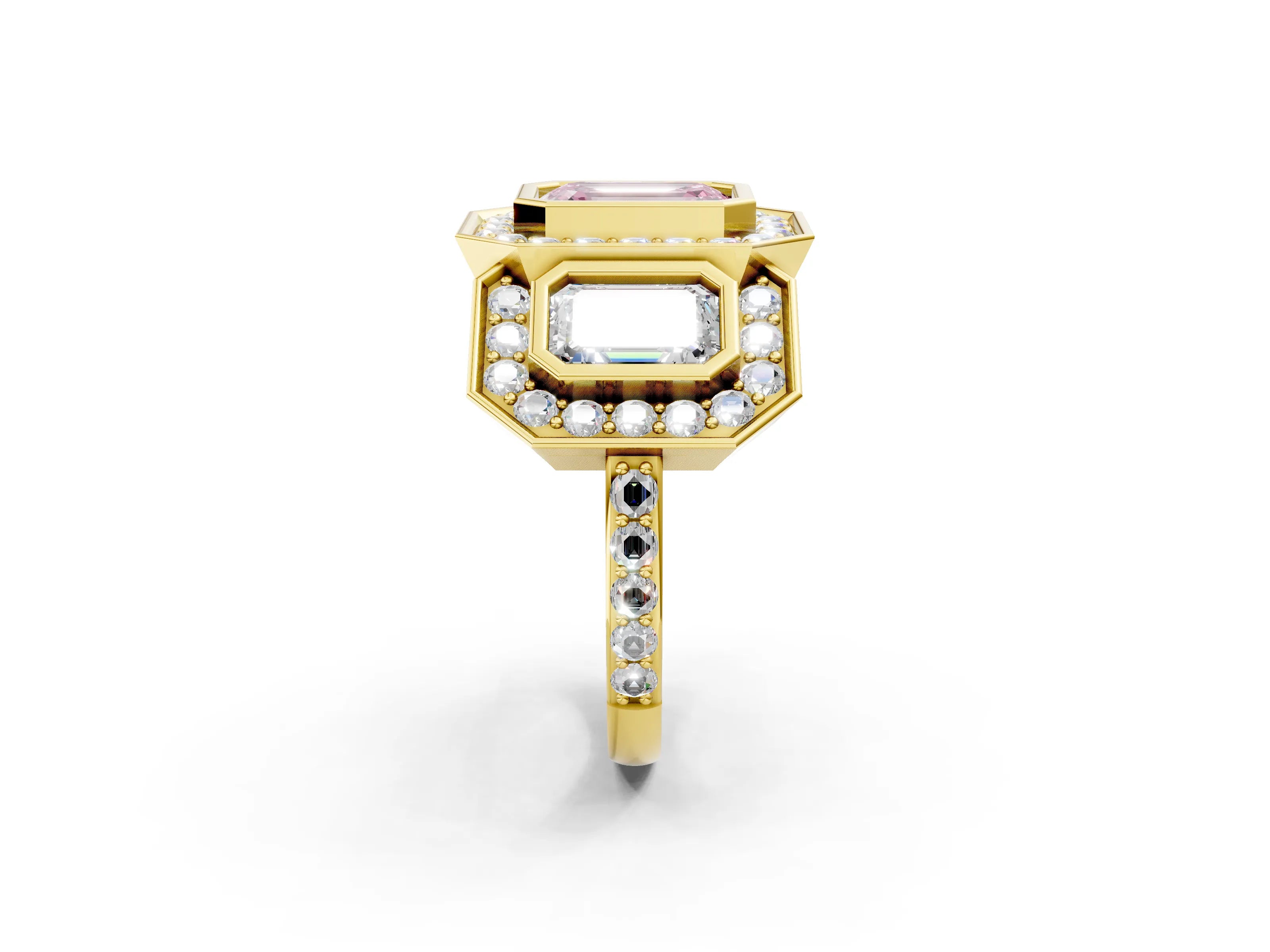 Yellow gold Three-Stone Fancy Pink Emerald Cut Halo Pavé Diamond Ring_2