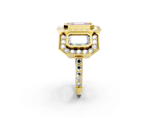 Yellow Gold Emerald Cut Bezel Three Stone Halo Engagement Ring Setting for Fancy Pink Center