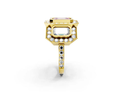 Yellow gold Three-Stone Fancy Pink Emerald Cut Halo Pavé Diamond Ring_2