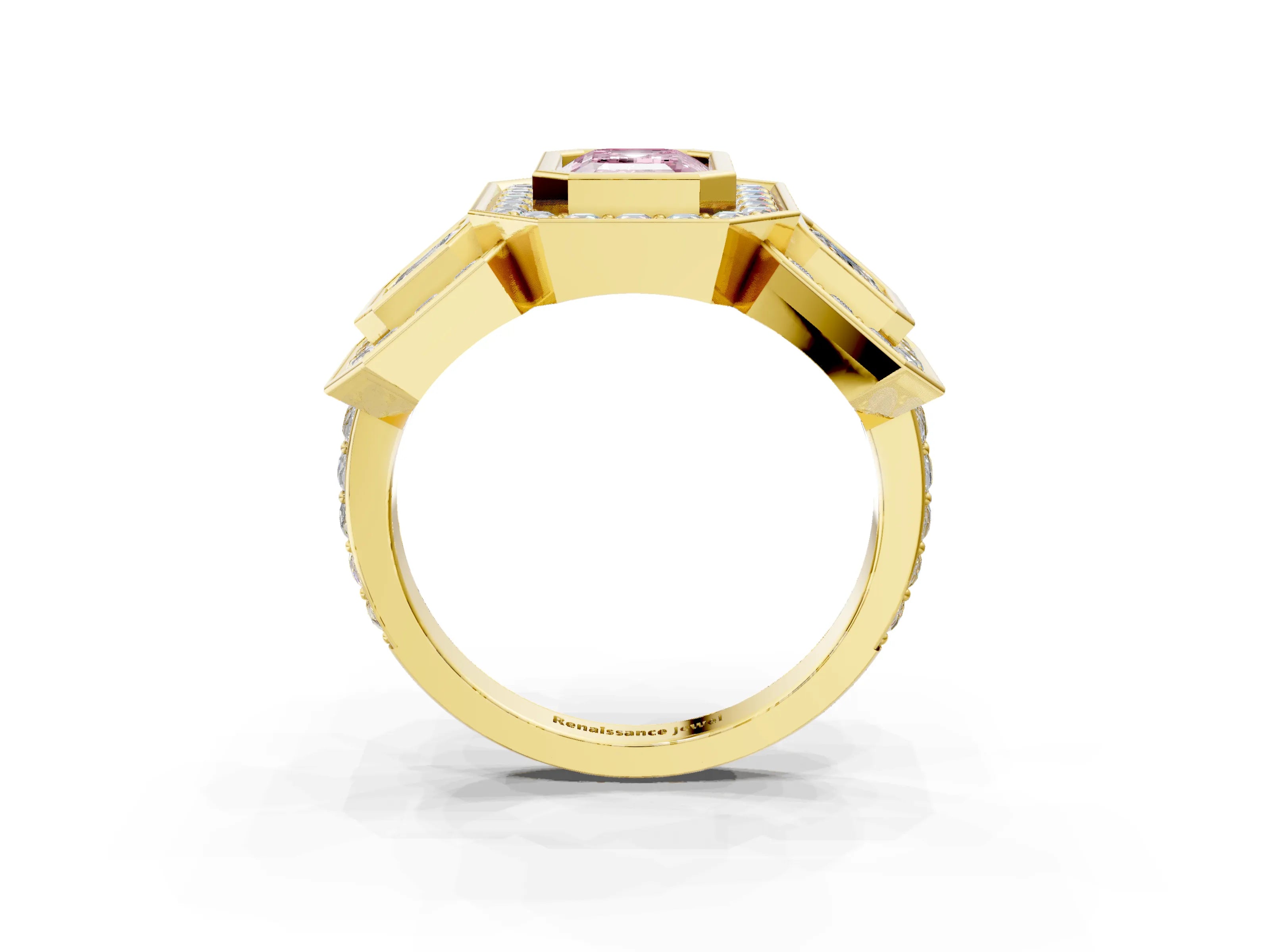 Yellow gold Three-Stone Fancy Pink Emerald Cut Halo Pavé Diamond Ring_3