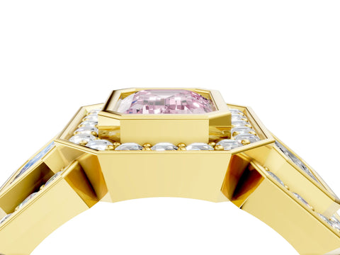 Yellow gold Three-Stone Fancy Pink Emerald Cut Halo Pavé Diamond Ring_4