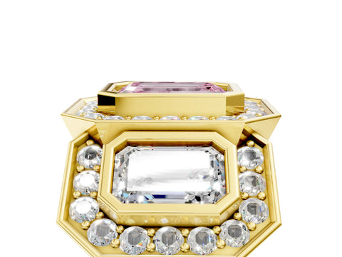 Yellow gold Three-Stone Fancy Pink Emerald Cut Halo Pavé Diamond Ring_5