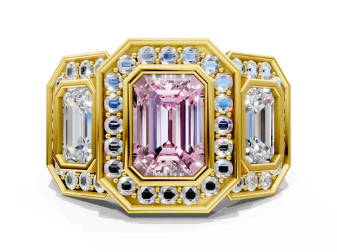 Yellow gold Three-Stone Fancy Pink Emerald Cut Halo Pavé Diamond Ring