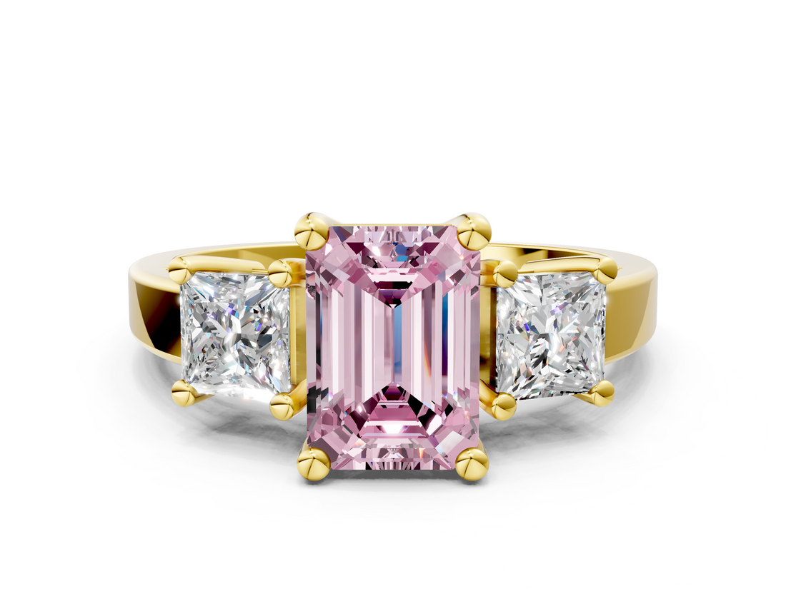 Yellow gold Three-Stone Fancy Pink Emerald  Cut Solitaire Ring with Prong Setting_3