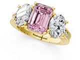 Yellow gold Three-Stone Fancy Pink Emerald  Diamond Milgrain Pave Band with Prong Setting 1