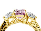 Yellow gold Three-Stone Fancy Pink Emerald  Diamond Milgrain Pave Band with Prong Setting 4