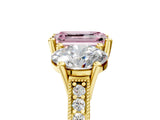 Yellow gold Three-Stone Fancy Pink Emerald  Diamond Milgrain Pave Band with Prong Setting 5