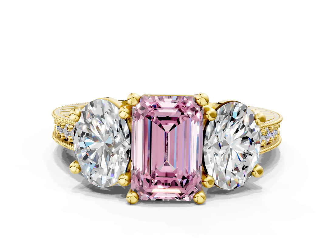 Yellow gold Three-Stone Fancy Pink Emerald  Diamond Milgrain Pave Band with Prong Setting