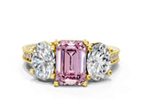Yellow gold Three-Stone Fancy Pink Emerald  Diamond Milgrain Pave Band with Prong Setting